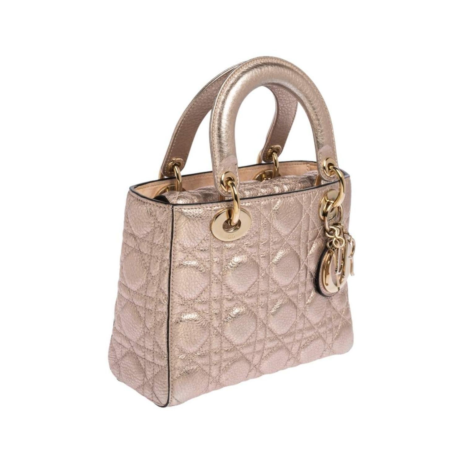 DIOR Dior Metallic Rose Gold Quilted Leather Small Supple Lady Dior Tote