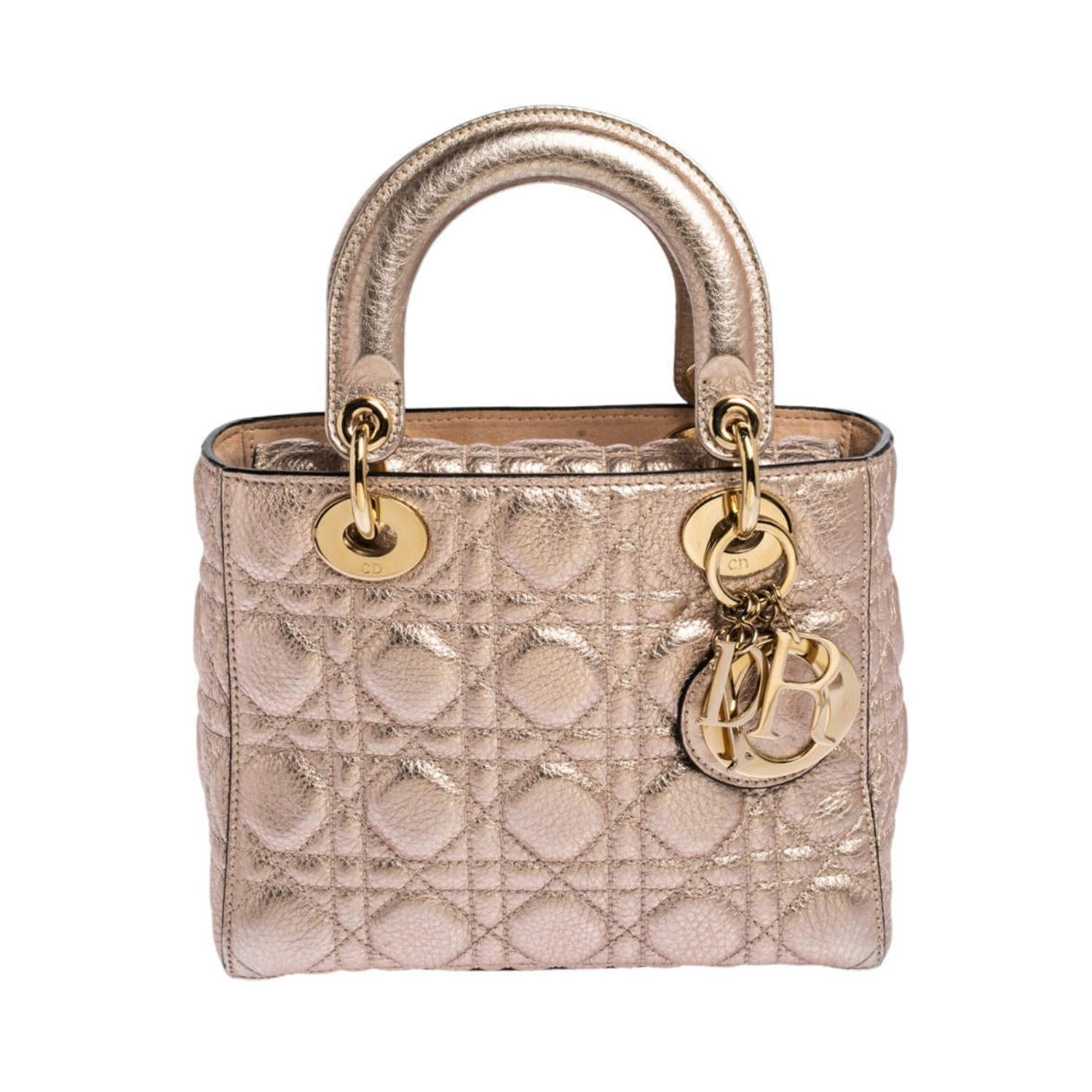 DIOR Dior Metallic Rose Gold Quilted Leather Small Supple Lady Dior Tote