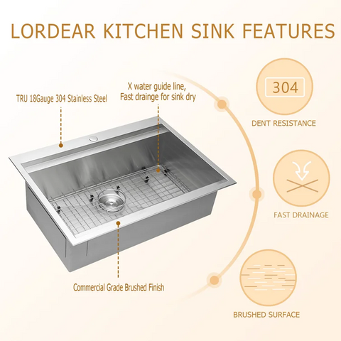 33" W x 22" D Stainless Steel Kitchen Sink Workstation Single Bowl
