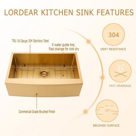 33" L x 21" W Farmhouse Kitchen Sink Gold Stainless Steel Apron Front