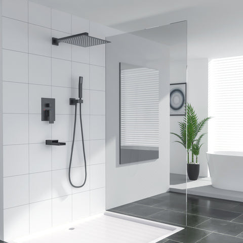 10 Inch Rainfall Shower Head System with Handheld and Waterfall Faucet in Matt Black Wall Mounted