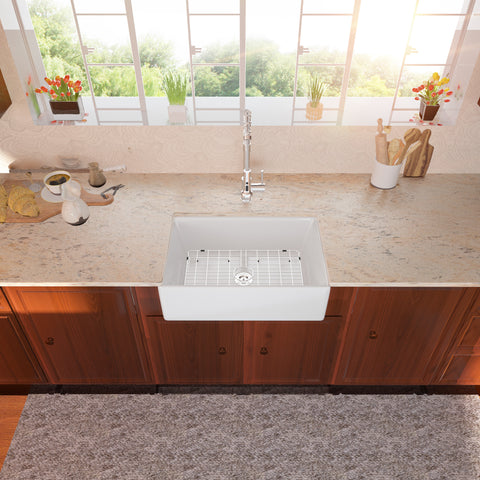 Farmhouse Kitchen Sink White Ceramic Single Bowl with Accessories Apron Front