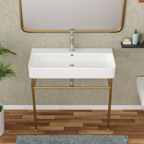 32''W X 17''D Console Bathroom Sink Ceramic Rectangular with Overflow