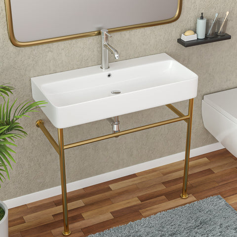 32''W X 17''D Console Bathroom Sink Ceramic Rectangular with Overflow