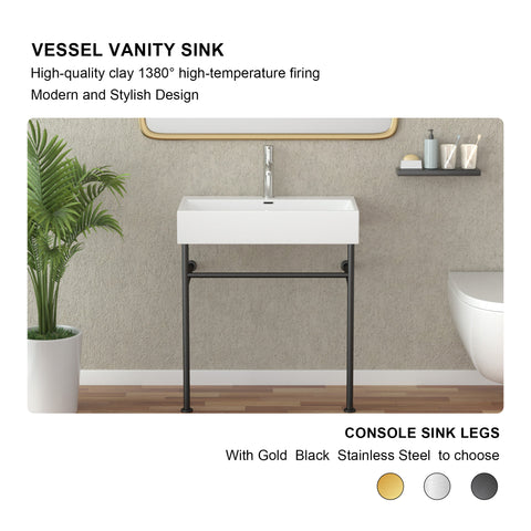 30''W X 17''D Ceramic Console Bathroom Sink with Metal Legs Wall Mount