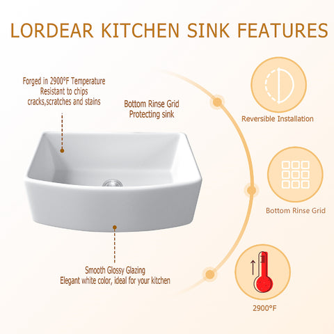 Farmhouse Kitchen Sink White Ceramic Single Bowl  with Accessories Apron Front