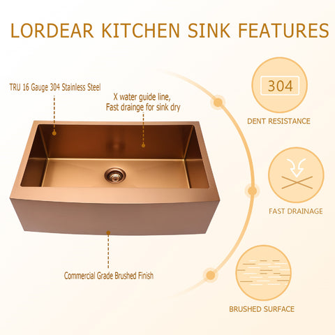 30'' W x 21'' D Farmhouse Kitchen Sink Rose Gold Single Bowl Apron Front