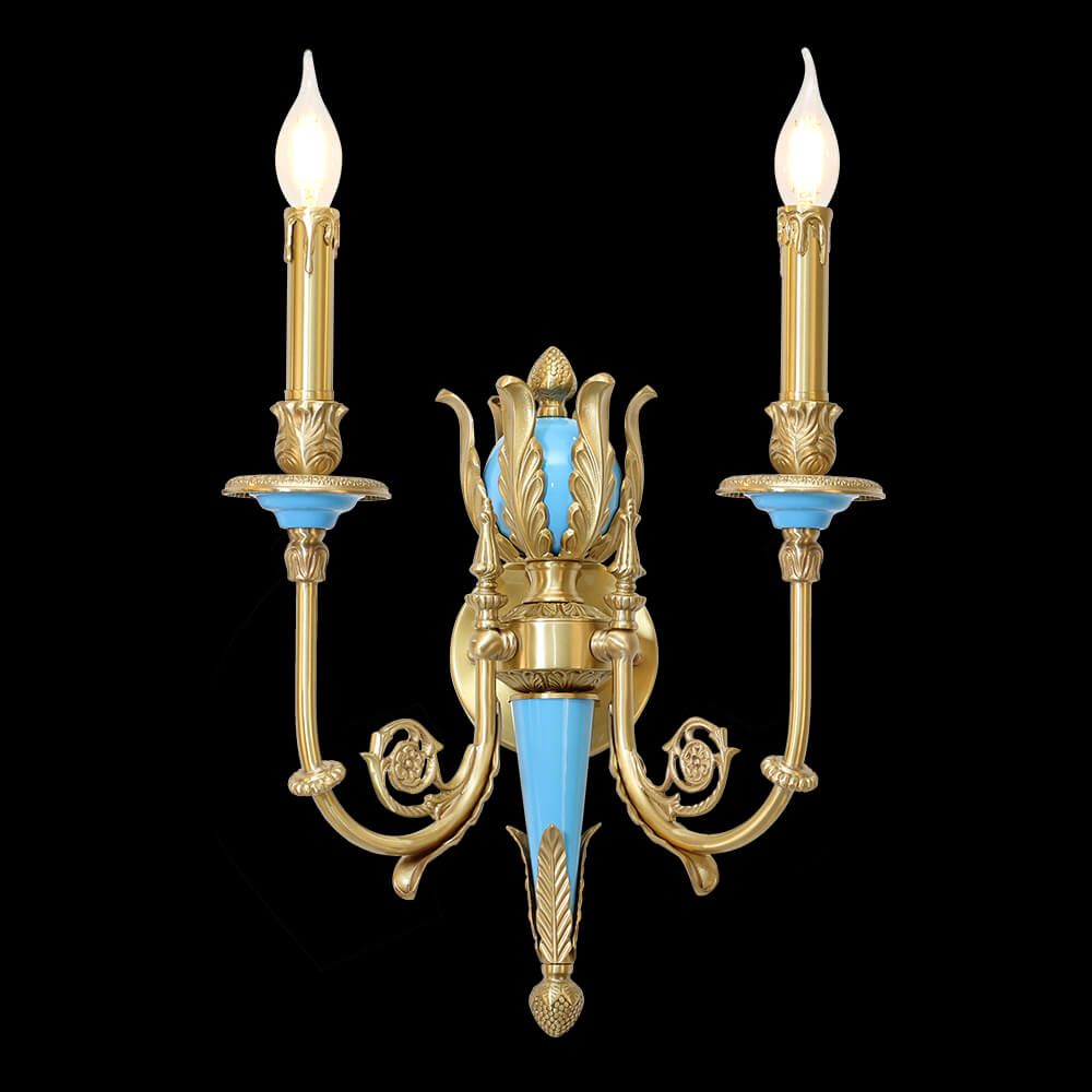 2 Lights Rococo Style Brass Wall Lamp Blue/ Pink Color