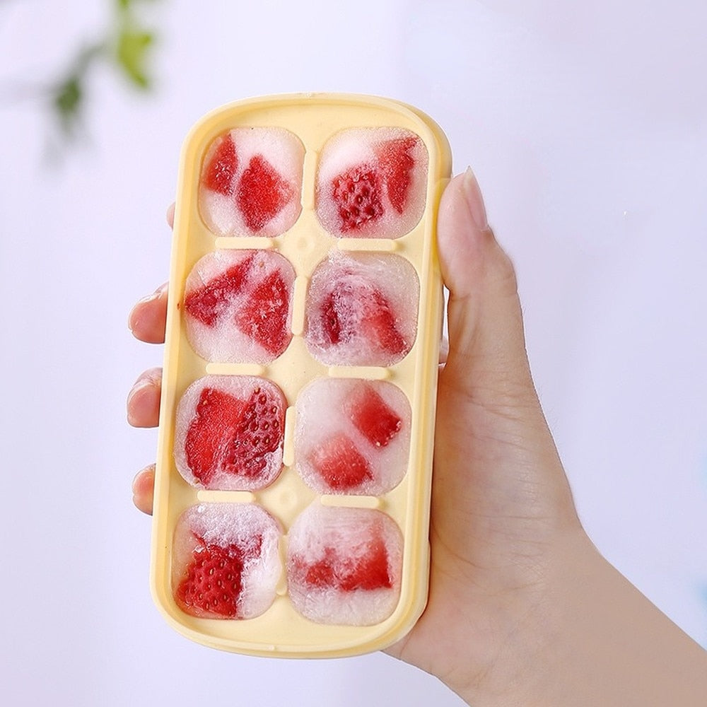 Silicone Ice Cube Mould With DIY Lid 8 Grid Soft Bottom Ice Cube Mold Square Fruit Ice Cube Maker Tray Kitchen Bar Tools