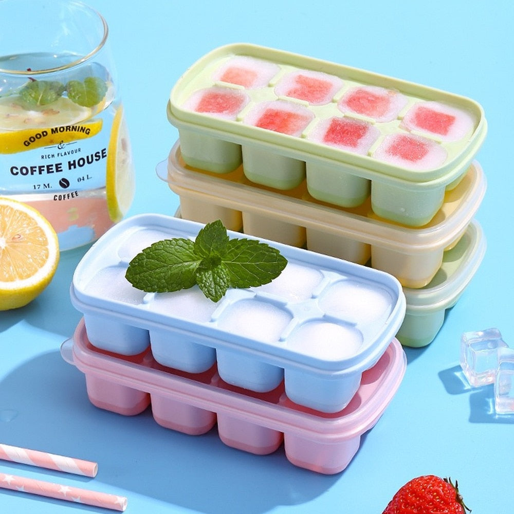 Silicone Ice Cube Mould With DIY Lid 8 Grid Soft Bottom Ice Cube Mold Square Fruit Ice Cube Maker Tray Kitchen Bar Tools