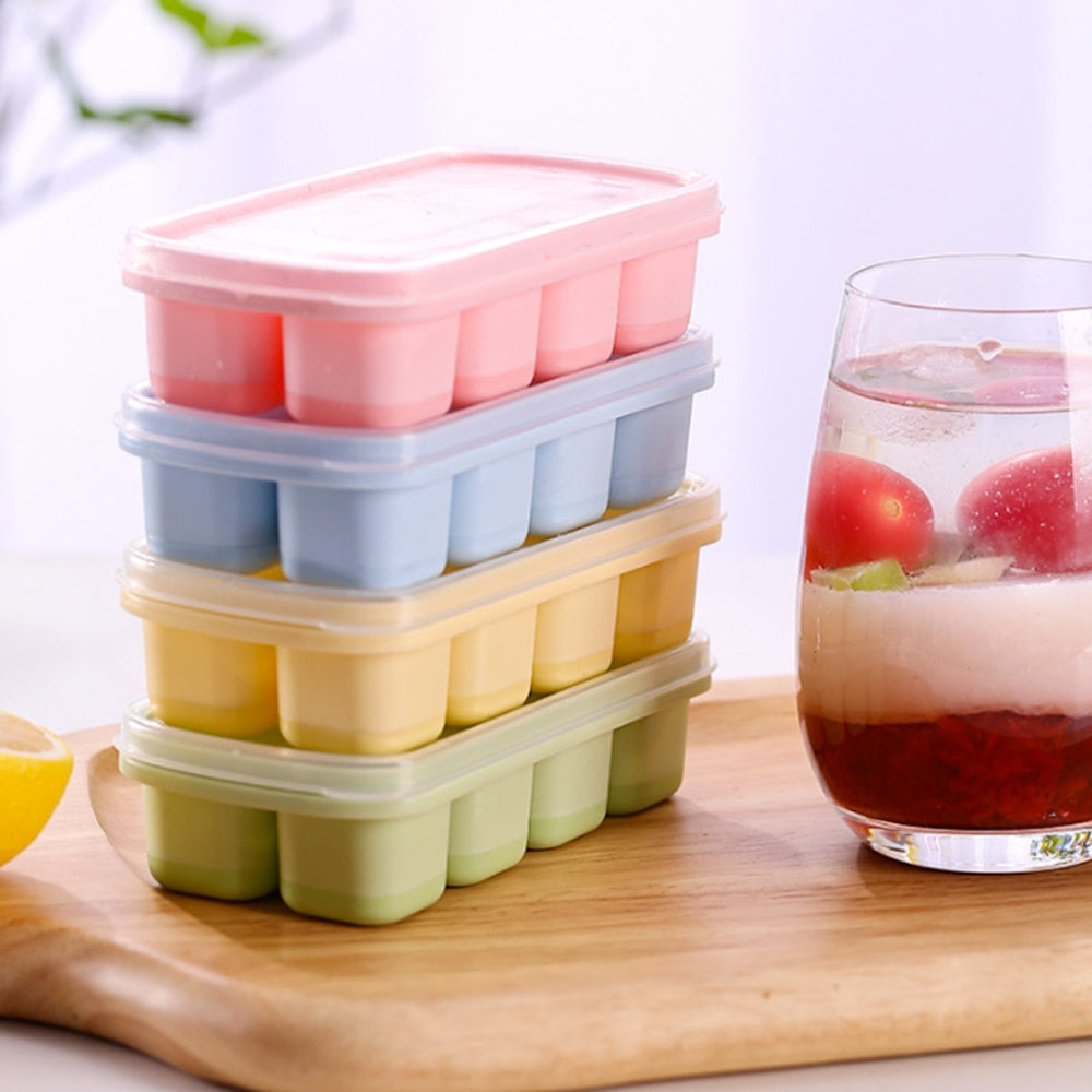 Silicone Ice Cube Mould With DIY Lid 8 Grid Soft Bottom Ice Cube Mold Square Fruit Ice Cube Maker Tray Kitchen Bar Tools