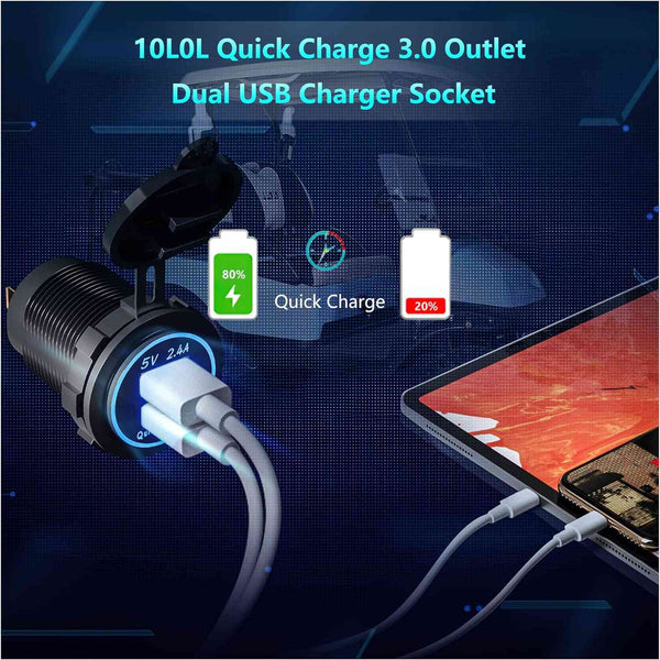 Universal Quick Charge 3.0 Dual USB Charger Socket for Car Truck Golf Cart UTV ATV Boat|10L0L