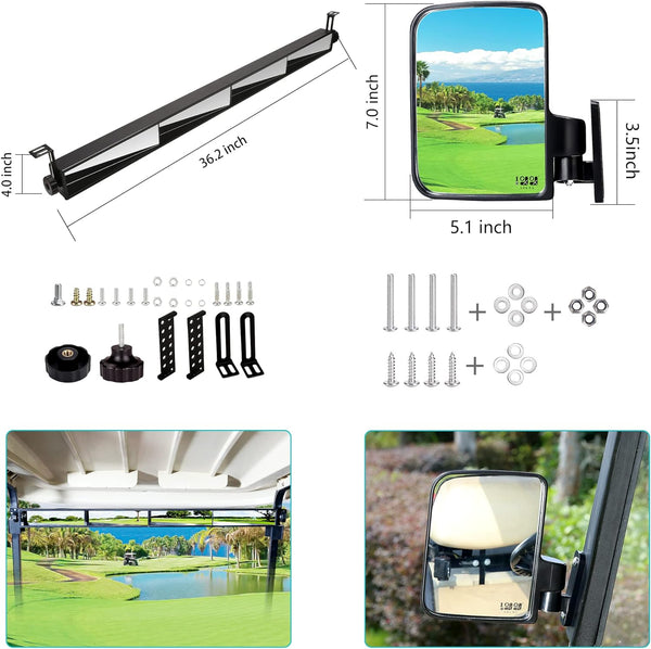 Golf cart side mirrors and 4-panel rearview mirror size installation results