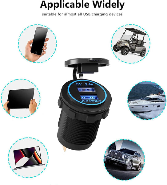 Universal USB charger socket for golf carts, cars, trucks, RVs and other vehicles