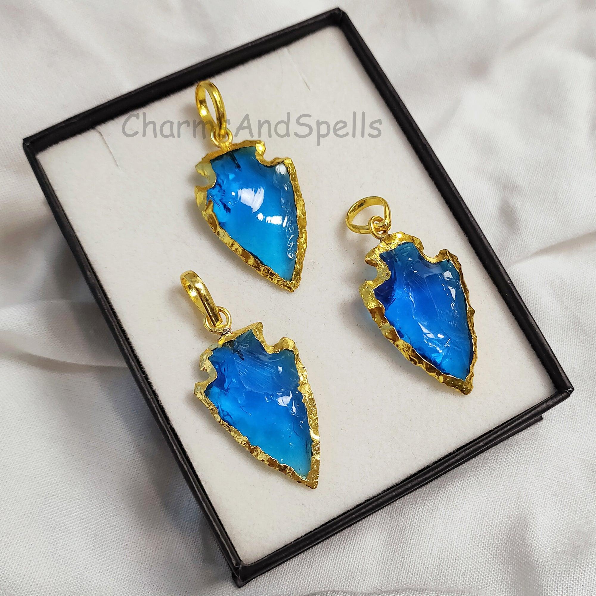 Blue Topaz Quartz Arrowhead Pendant, Gold Electroplated Pendant, Arrow Head Pendant Charm, Arrowhead Jewelry, Gemstone Pendant, Boho Jewelry