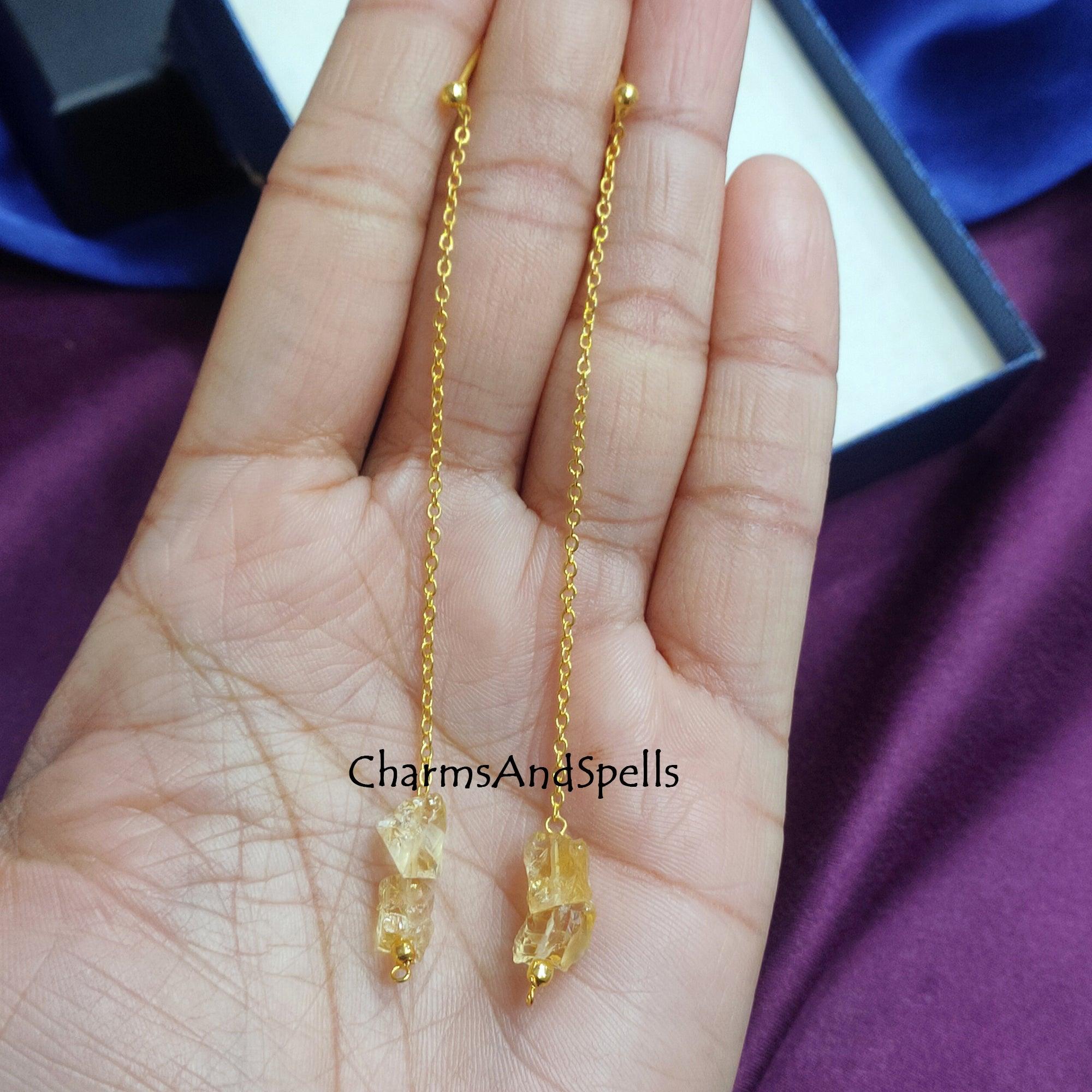 Natural Raw Citrine Earrings, Long Dangle Earrings, Healing Crystal Earring, Gemstone Earring, November Birthstone Jewelry, Threader Earring