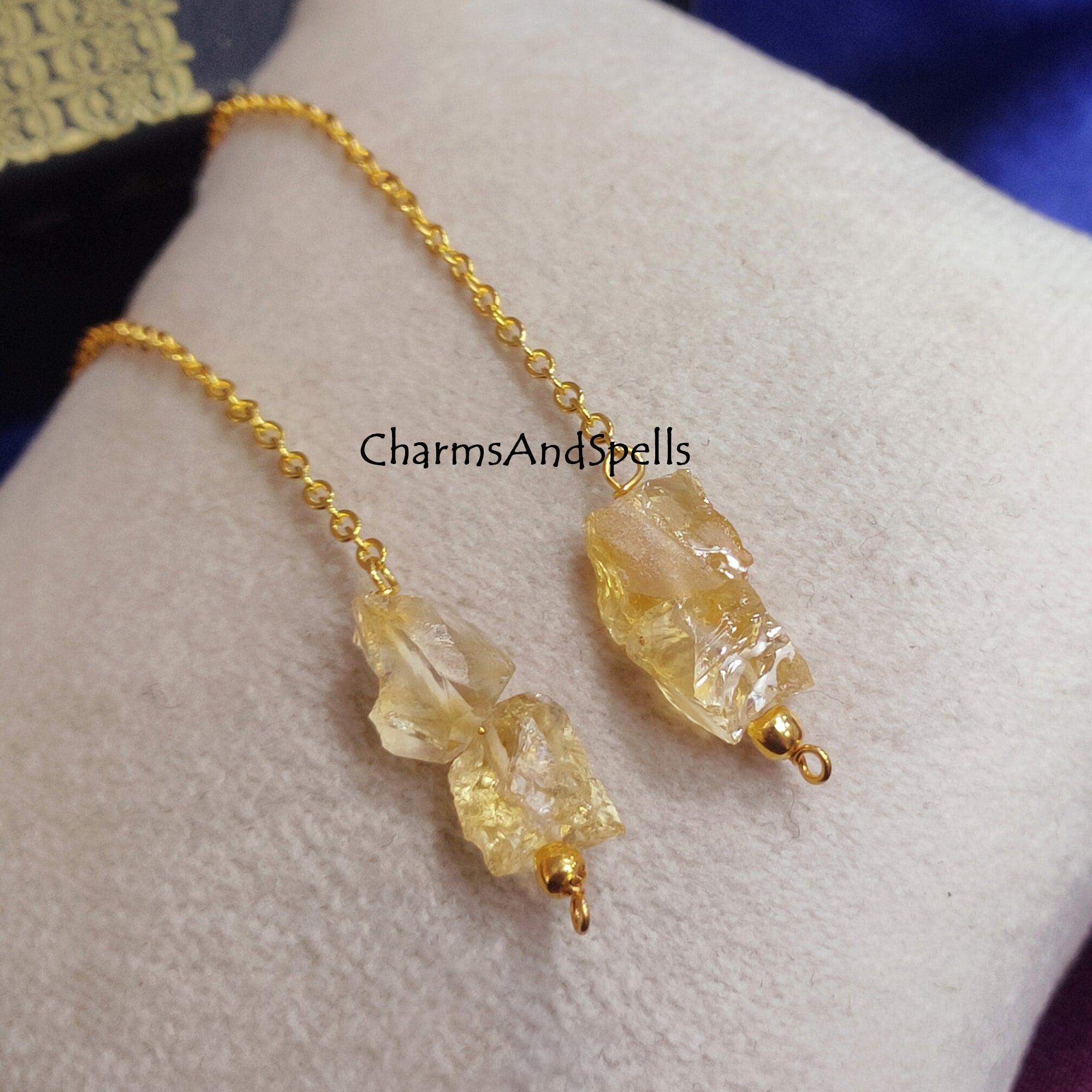 Natural Raw Citrine Earrings, Long Dangle Earrings, Healing Crystal Earring, Gemstone Earring, November Birthstone Jewelry, Threader Earring