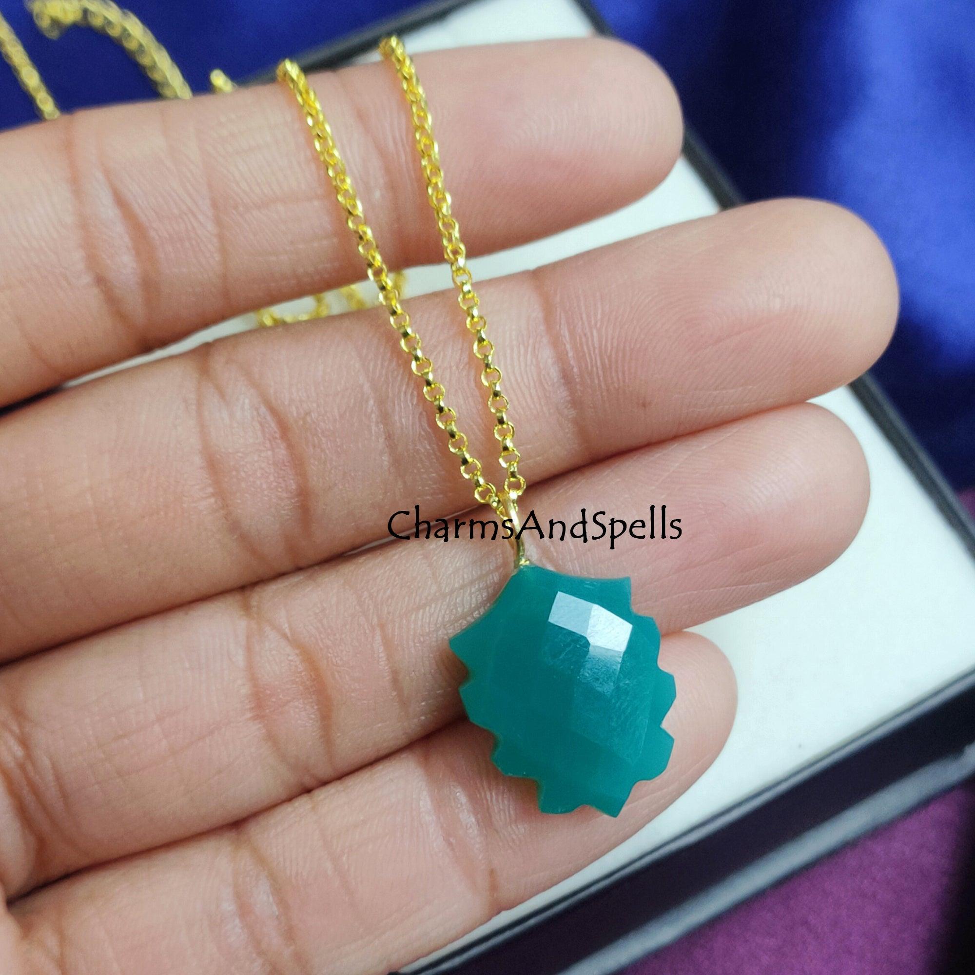 Natural Green Onyx Pendant, Leaf Design Pendant Necklace, Gemstone Pendant, Handmade Jewelry, Leaf Pendant, Chain Necklace, Engagement Gift