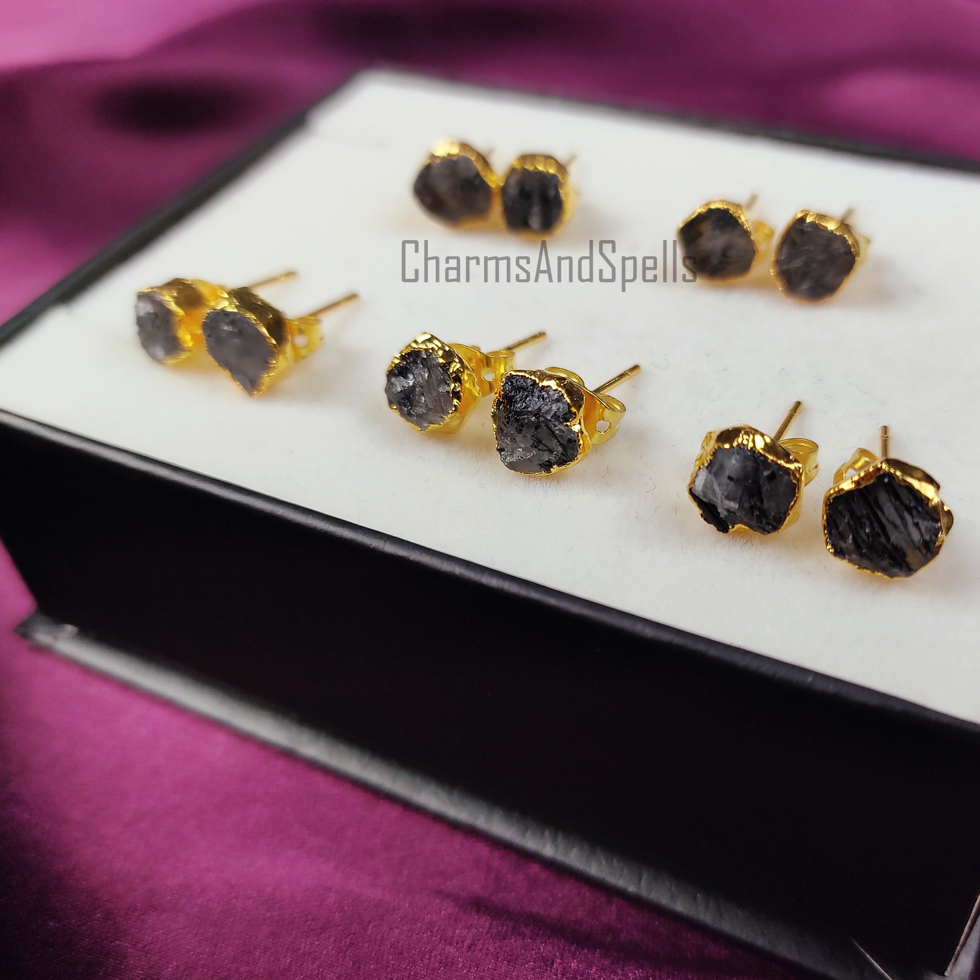 Raw Black Rutile Gemstone Stud Earrings, Gold Plated Earrings, Rough Rutilated Studs, Crystal Stud Earrings, Boho Earrings, Fashion Jewelry