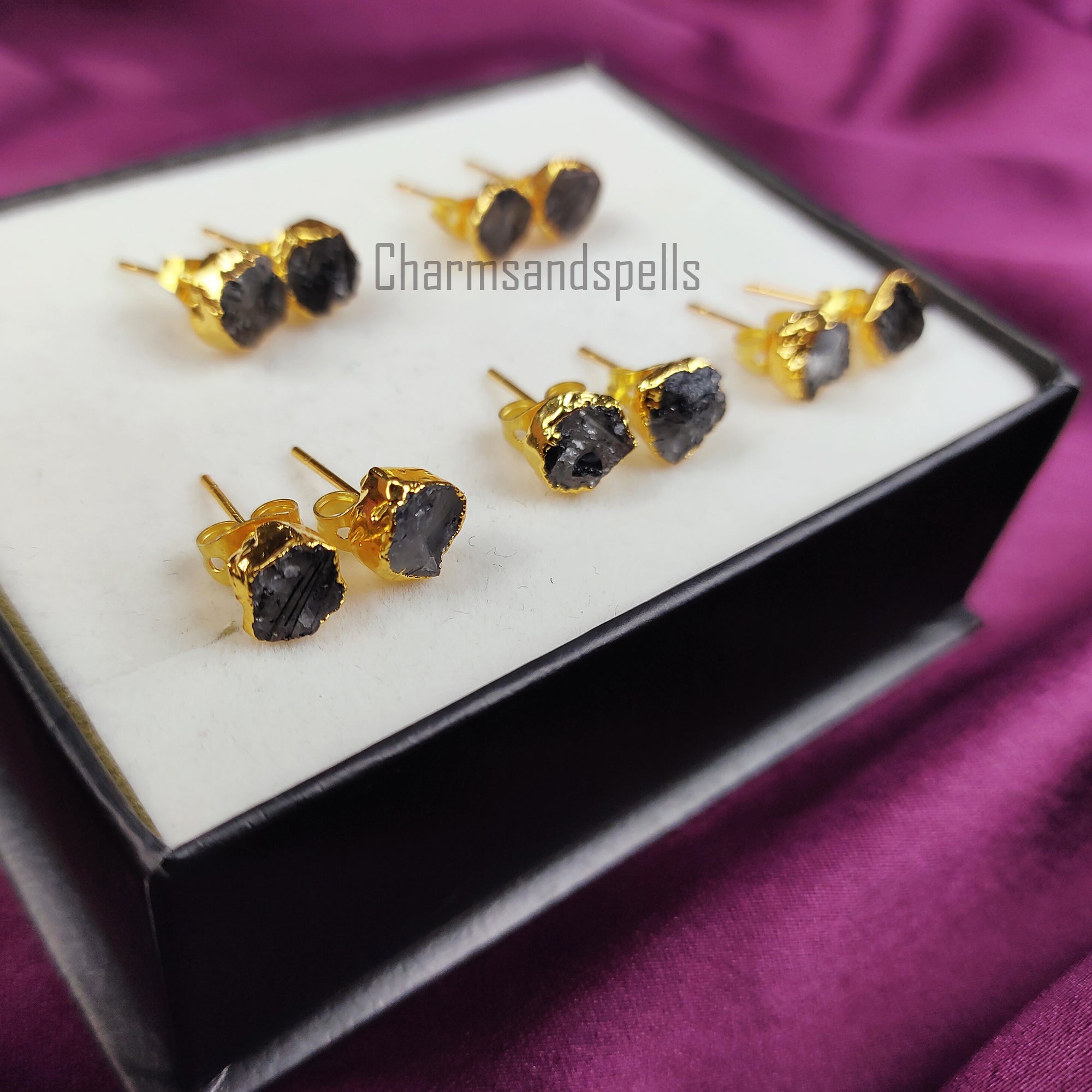 Raw Black Rutile Gemstone Stud Earrings, Gold Plated Earrings, Rough Rutilated Studs, Crystal Stud Earrings, Boho Earrings, Fashion Jewelry