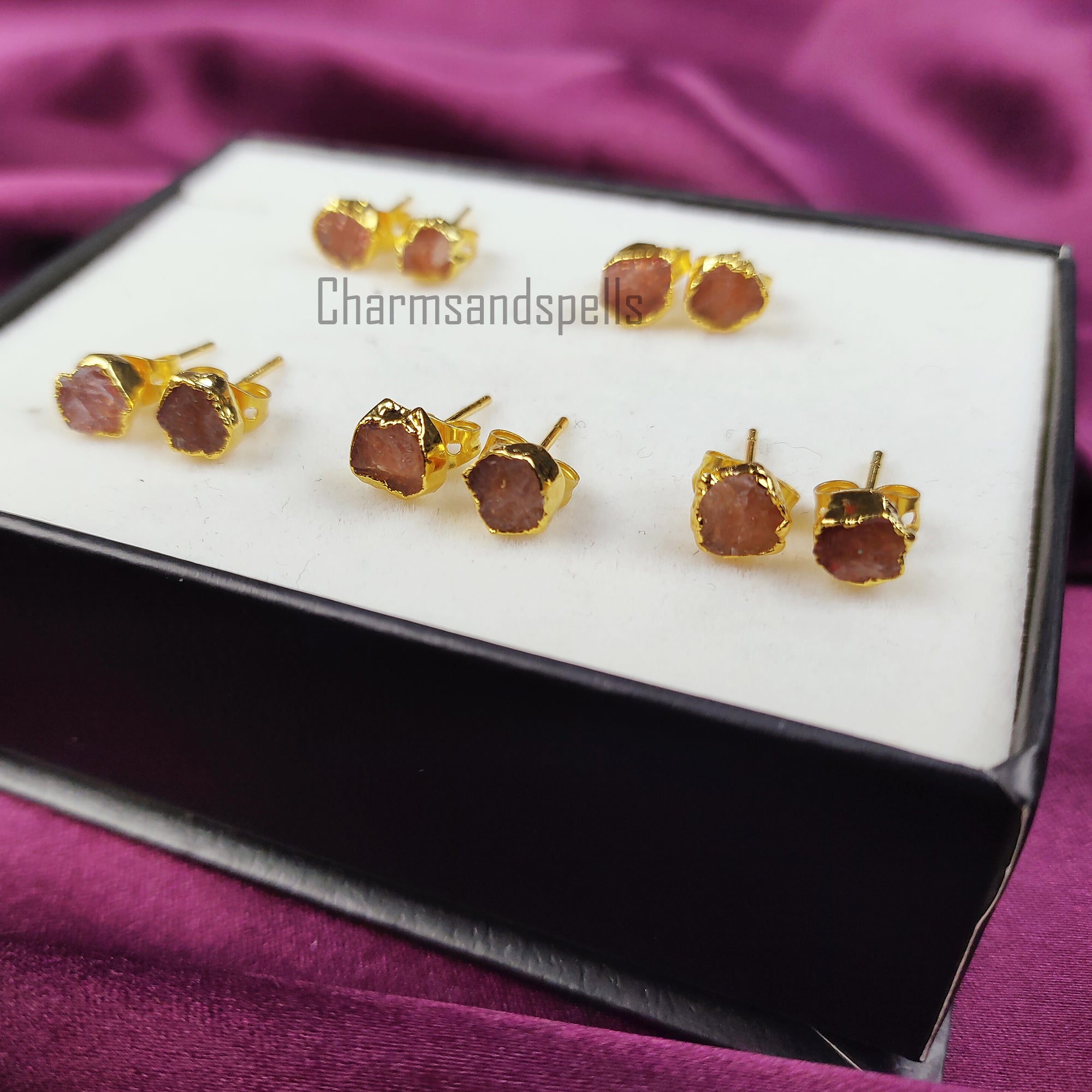 Raw Sunstone Earrings, Gemstone Stud Earrings, Gold Plated Earring, Electroplated Studs Earrings, Crystal Stud Earrings, Fashion Earrings