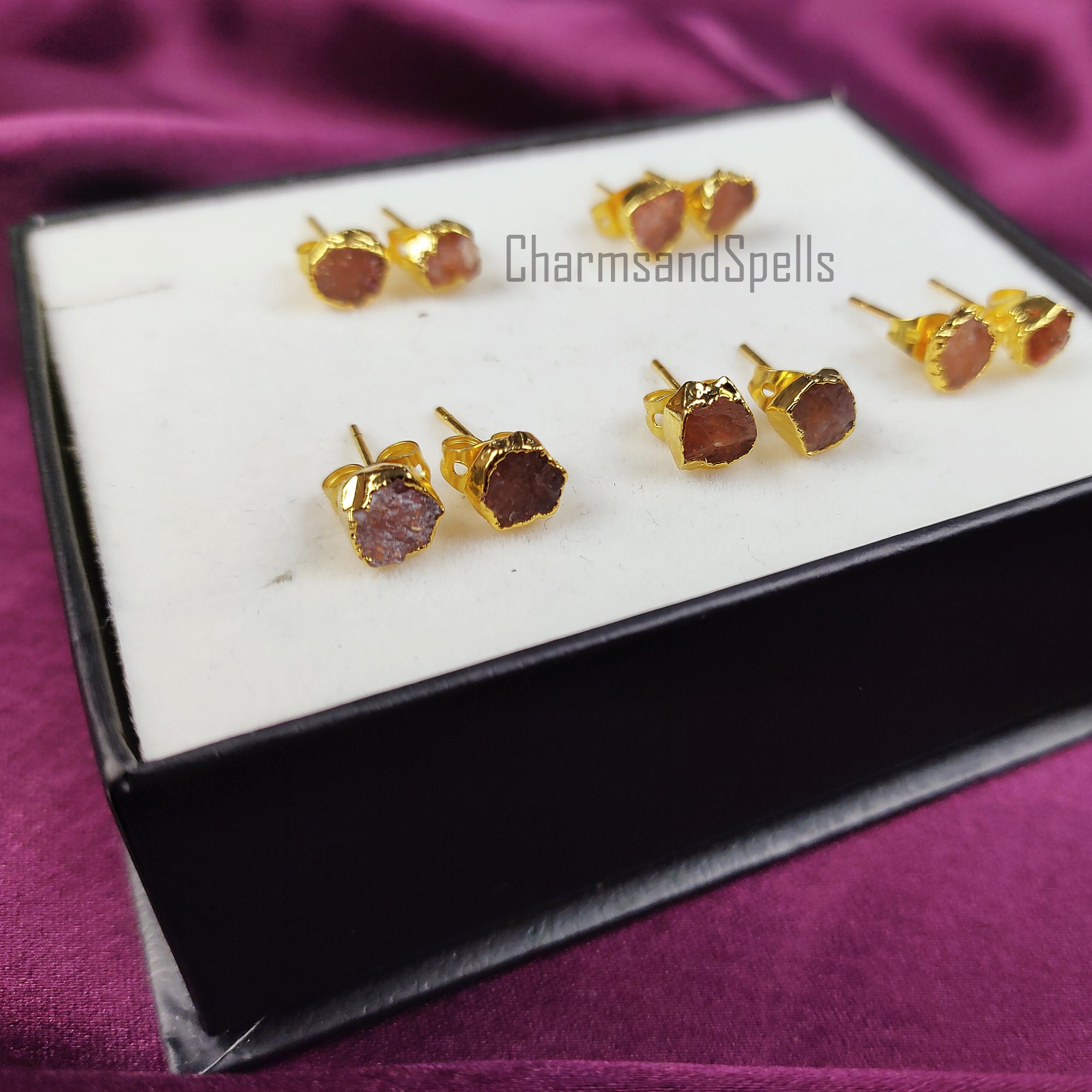 Raw Sunstone Earrings, Gemstone Stud Earrings, Gold Plated Earring, Electroplated Studs Earrings, Crystal Stud Earrings, Fashion Earrings