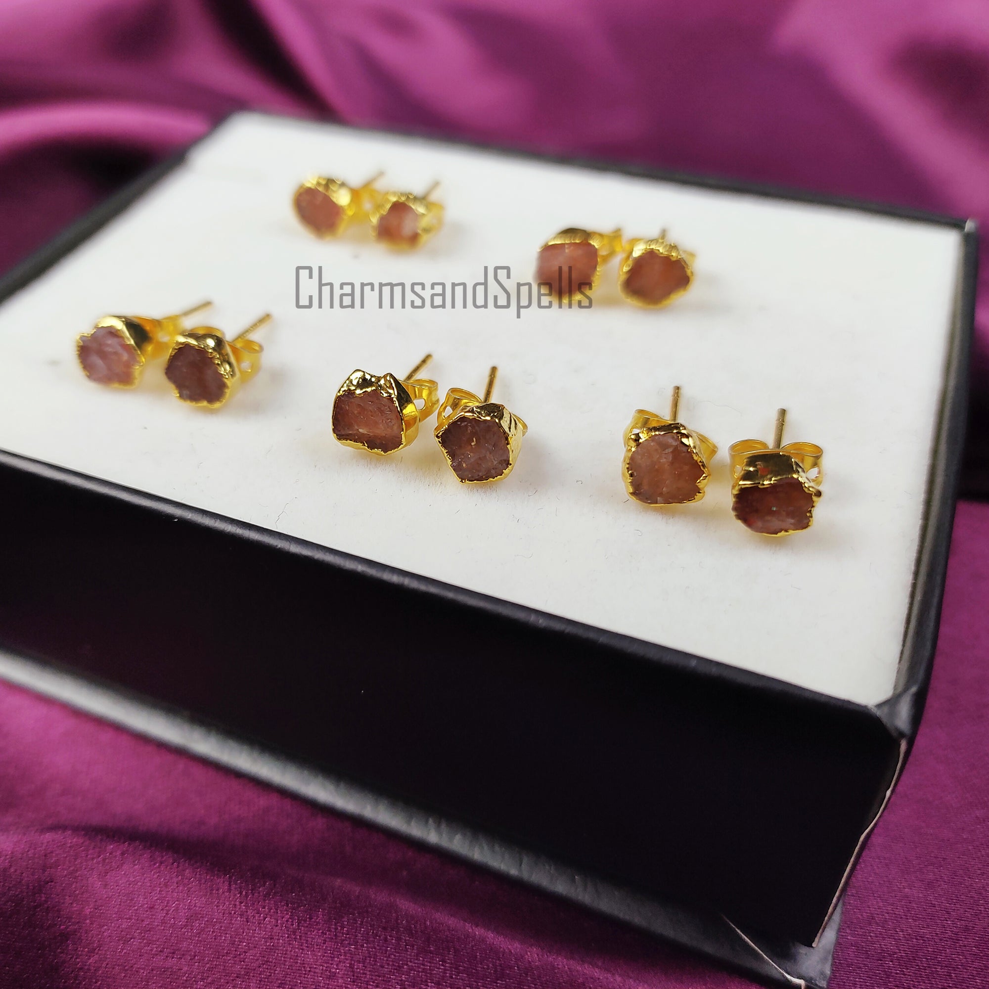 Raw Sunstone Earrings, Gemstone Stud Earrings, Gold Plated Earring, Electroplated Studs Earrings, Crystal Stud Earrings, Fashion Earrings