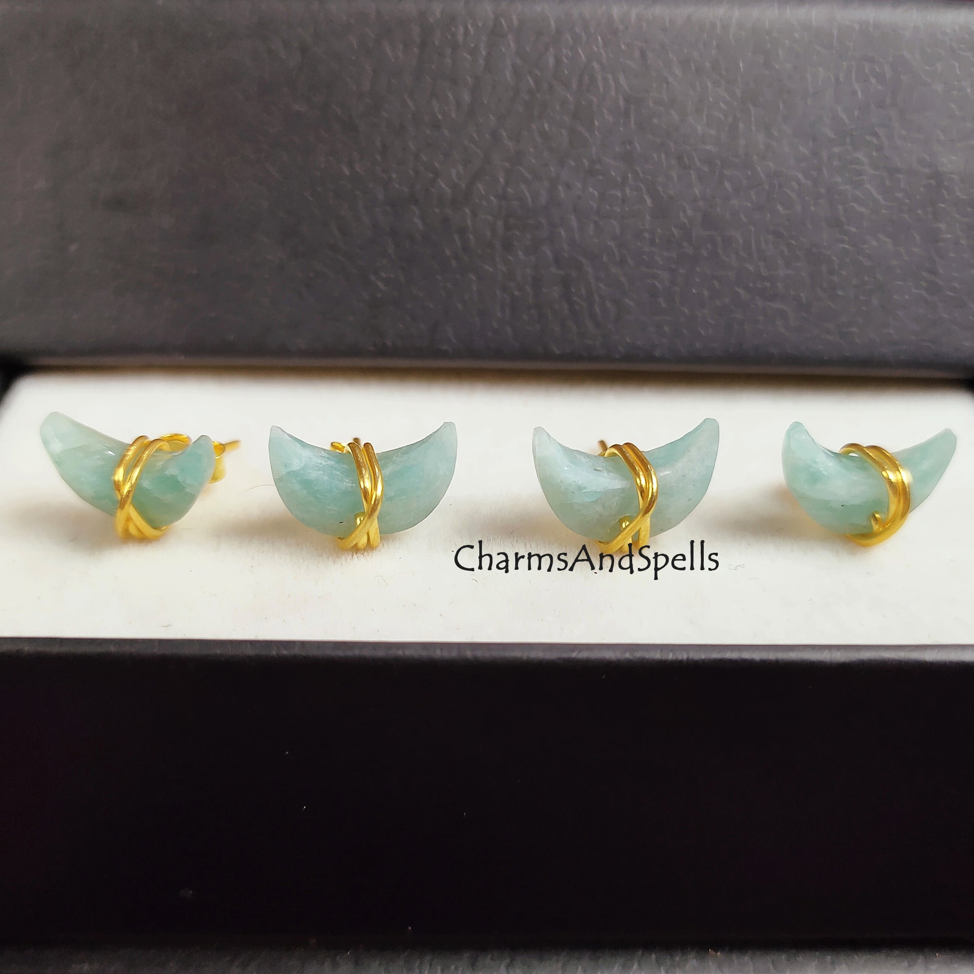 Tiny Natural Amazonite Sea-Green Studs Earrings, Minimalist Studs, 14K Gold Plated Wire Studs, April Birthstone, Crescent Moon Shape Studs