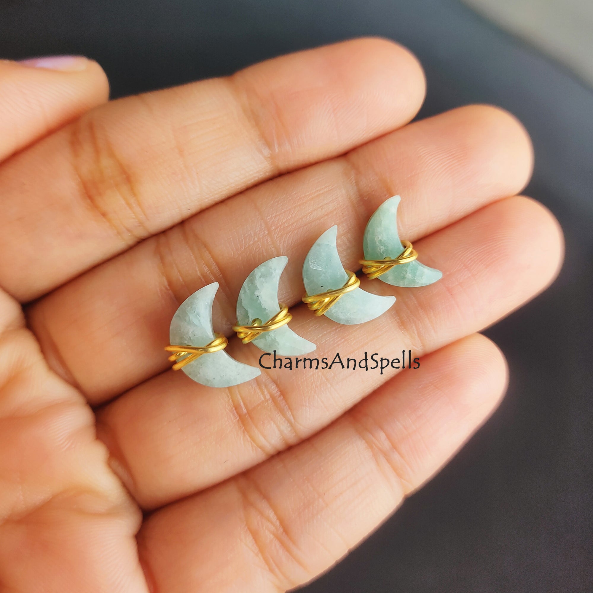 Tiny Natural Amazonite Sea-Green Studs Earrings, Minimalist Studs, 14K Gold Plated Wire Studs, April Birthstone, Crescent Moon Shape Studs