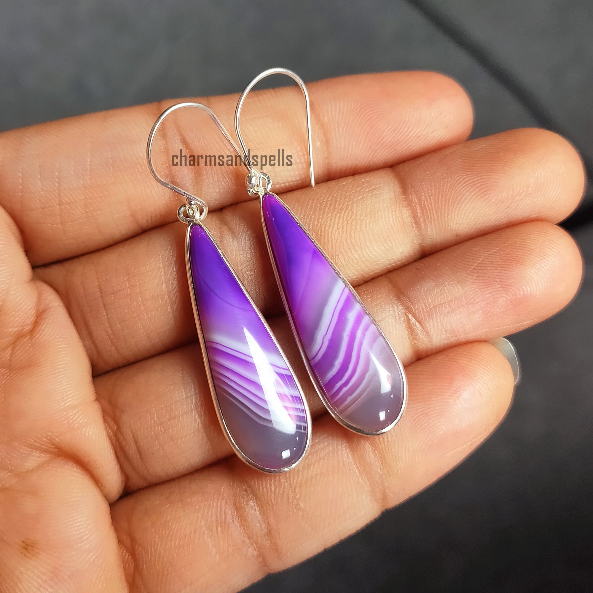 Purple Agate Earrings - Drop Crystal Earring Set, Gemstone Jewelry, 925 Silver Plated Dangle Earrings, Healing Crystal and Stone, Gift Idea