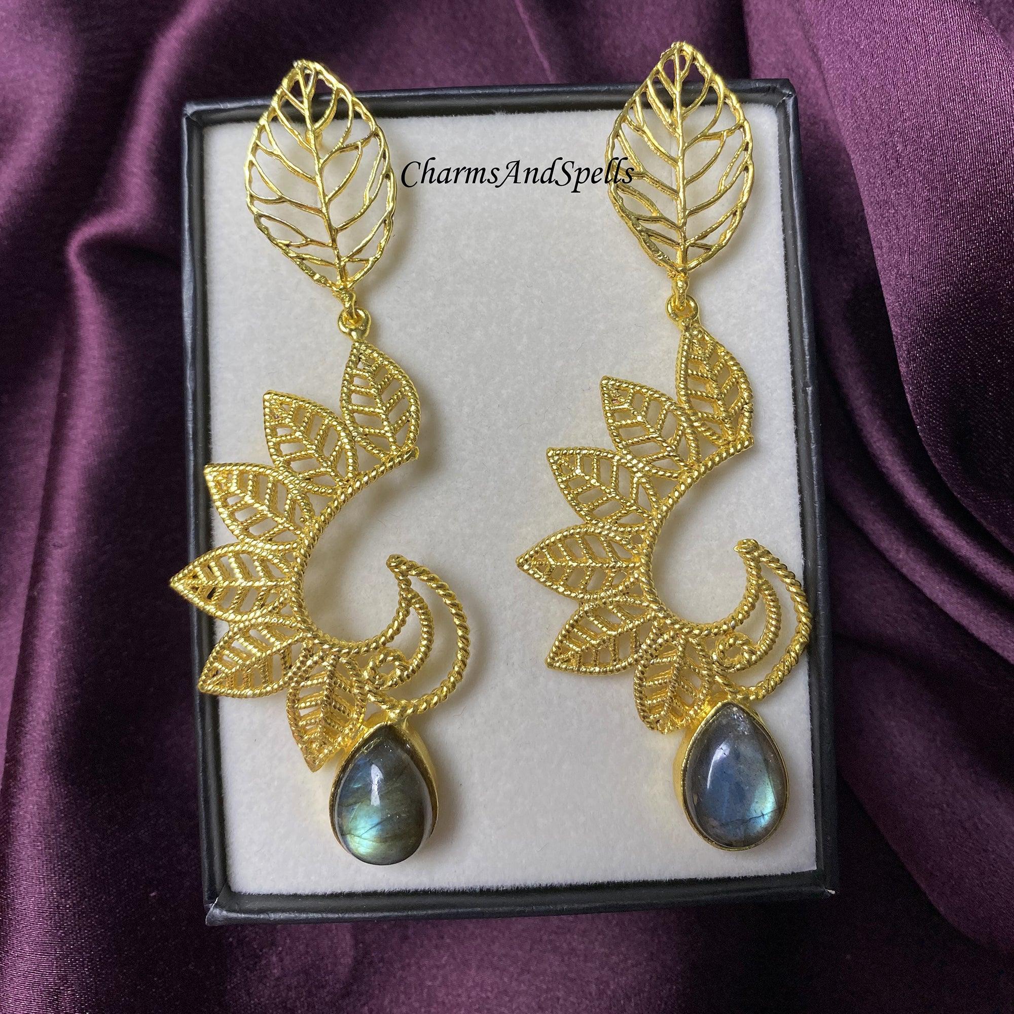 Labradorite Gemstone Jewelry, Women Earring, Gold Plated Jewelry, Designer Earring, Filigree Design Earring, Leaf Earring, Celtic Earring