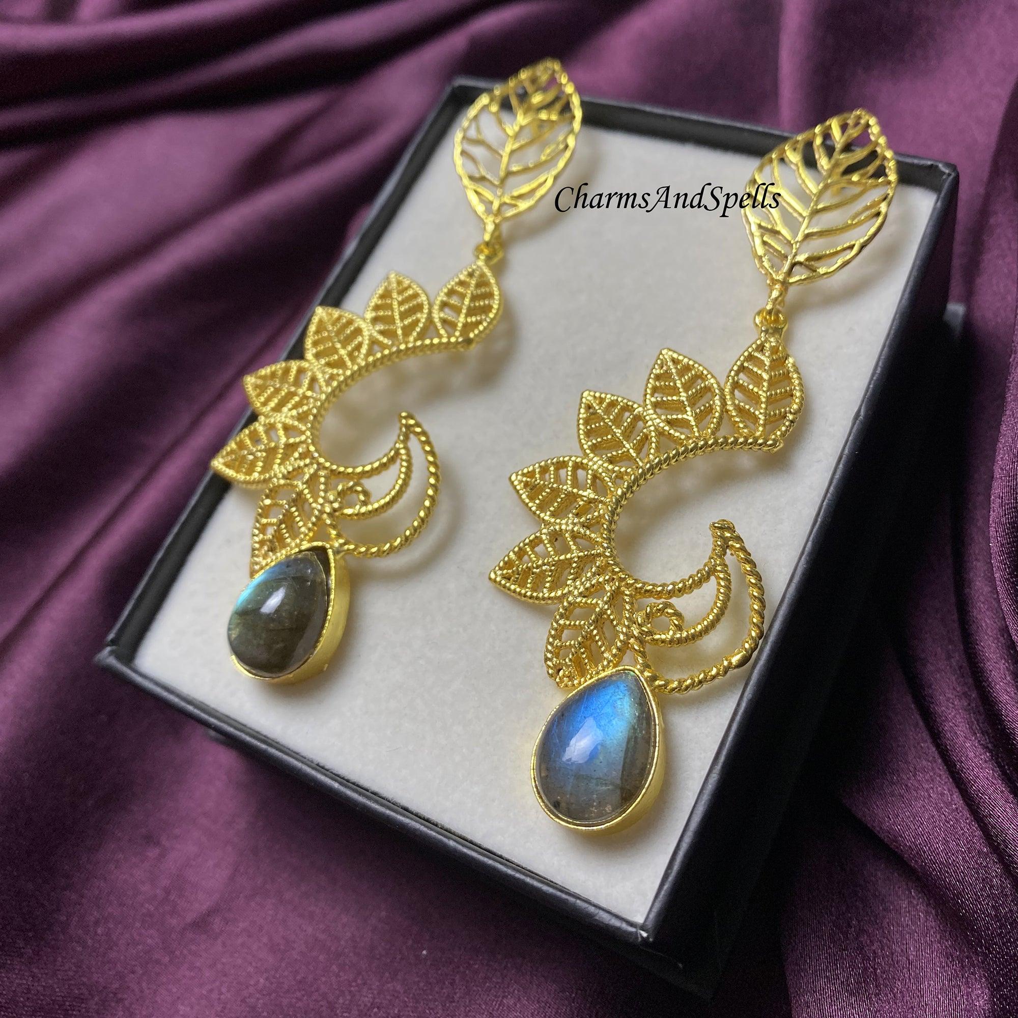 Labradorite Gemstone Jewelry, Women Earring, Gold Plated Jewelry, Designer Earring, Filigree Design Earring, Leaf Earring, Celtic Earring