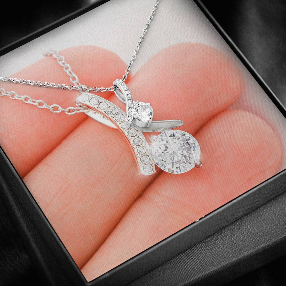 18K White Gold Plated Ribbon Love Necklace made with Crystals