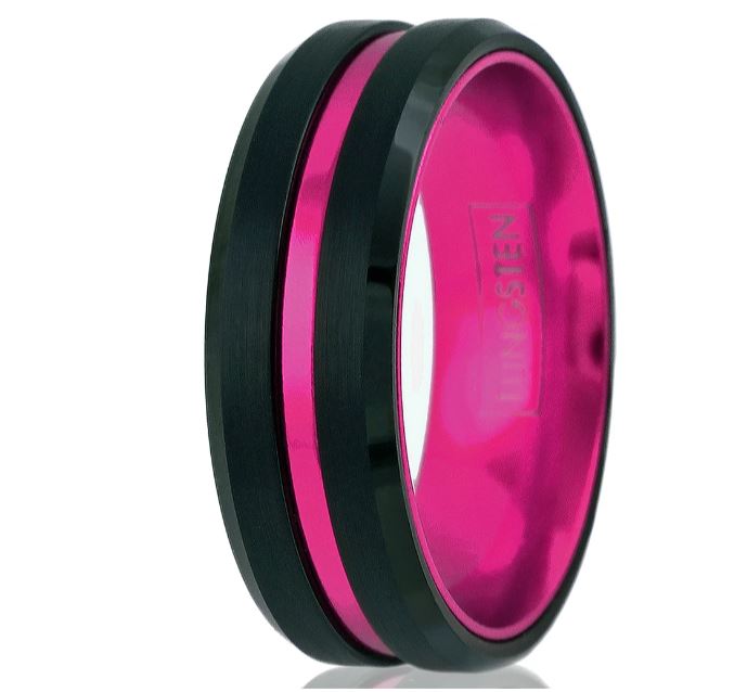 Black Tungsten and Hot Pink Stripe Wedding Ring