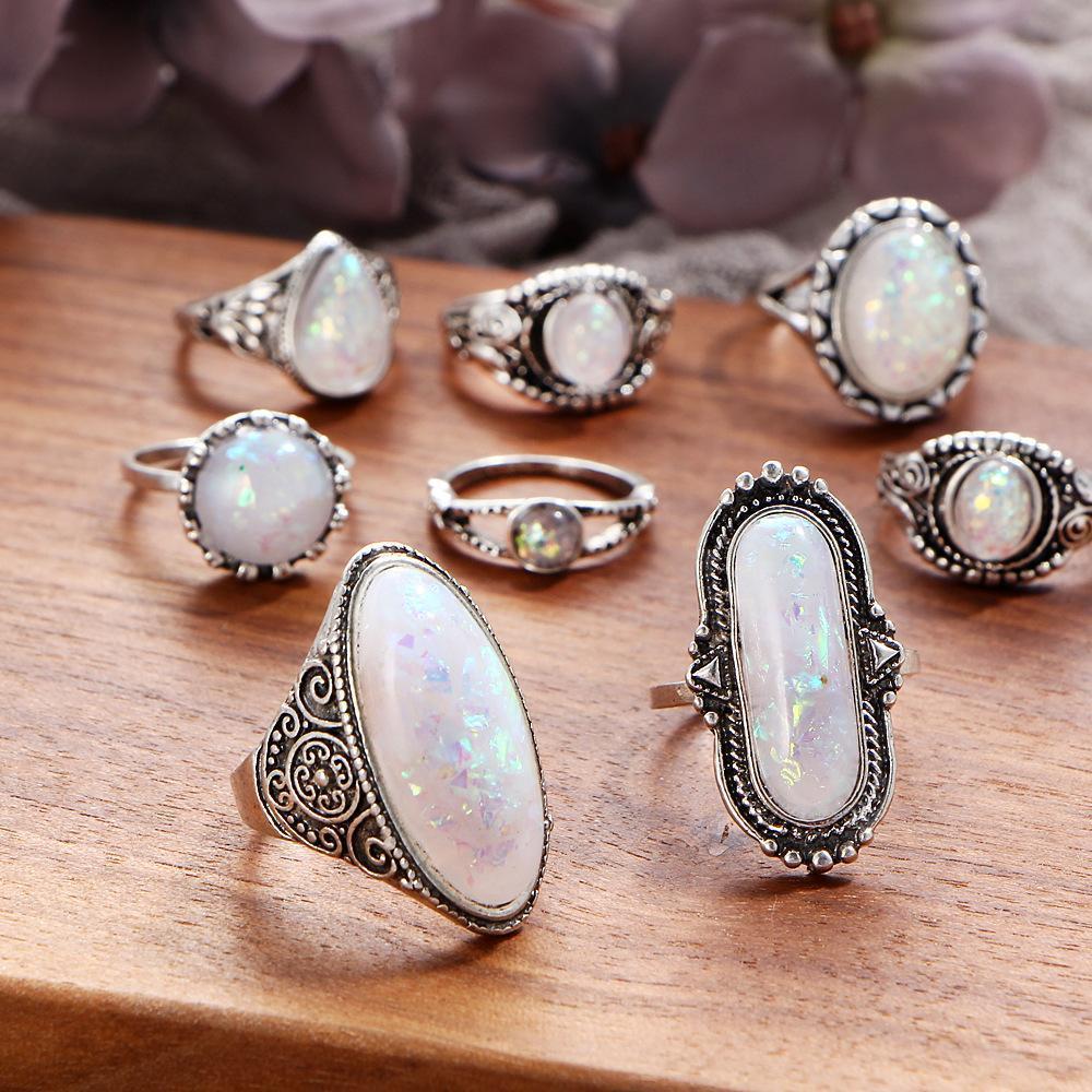 18K White Gold Plated 8 Piece Opal Ring Set With Austrian Crystals