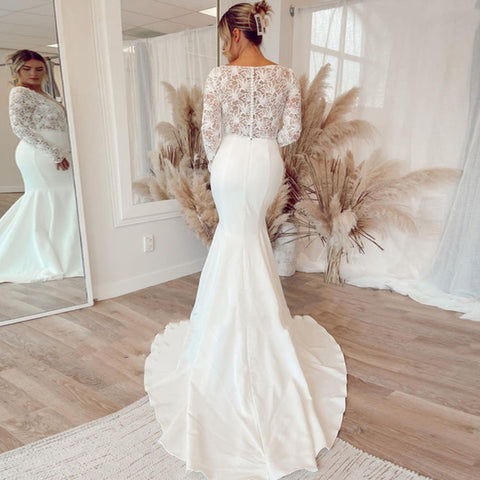 Sexy Deep V-Neck Wedding Dress Bohemian Long Sleeves Vintage Soft Satin Lace Mermaid Buttons Wedding Dress Bridal Gown