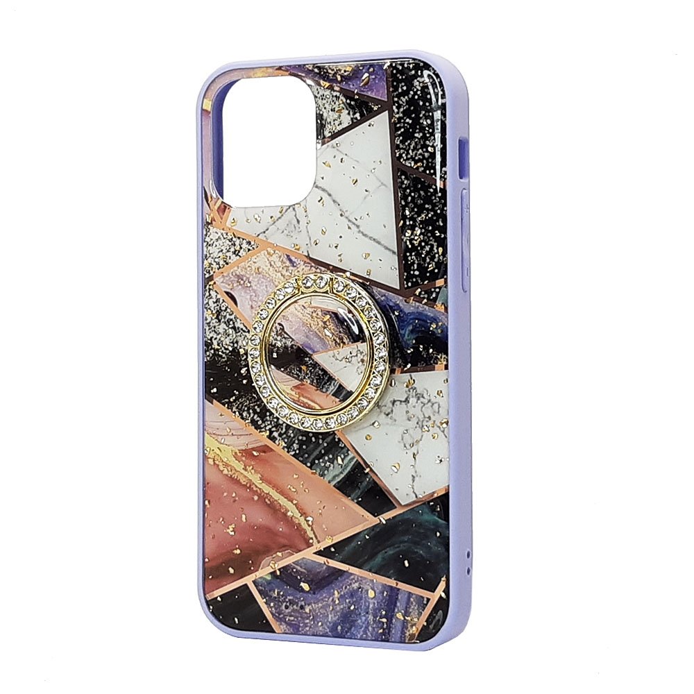 iPhone 11 Marble Design Diamond Ring Case [Purple-B]