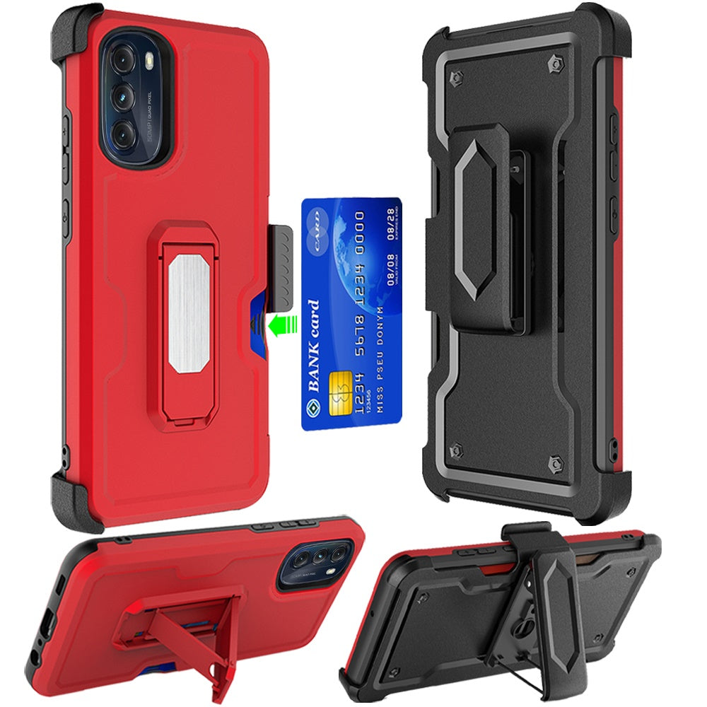 iPhone 14 PRO MAX CARD Holster with Kickstand Clip Hybrid Case Red