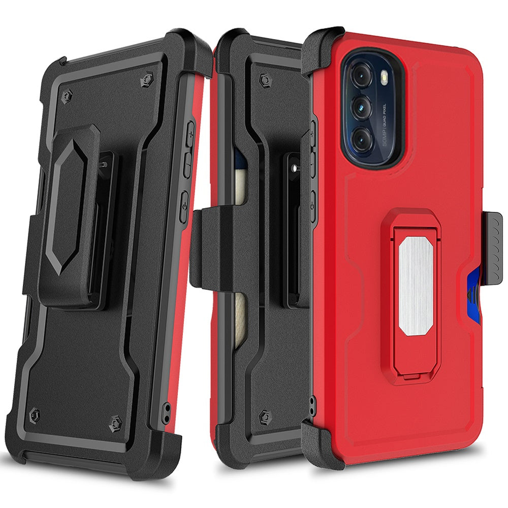 iPhone 14 PRO MAX CARD Holster with Kickstand Clip Hybrid Case Red