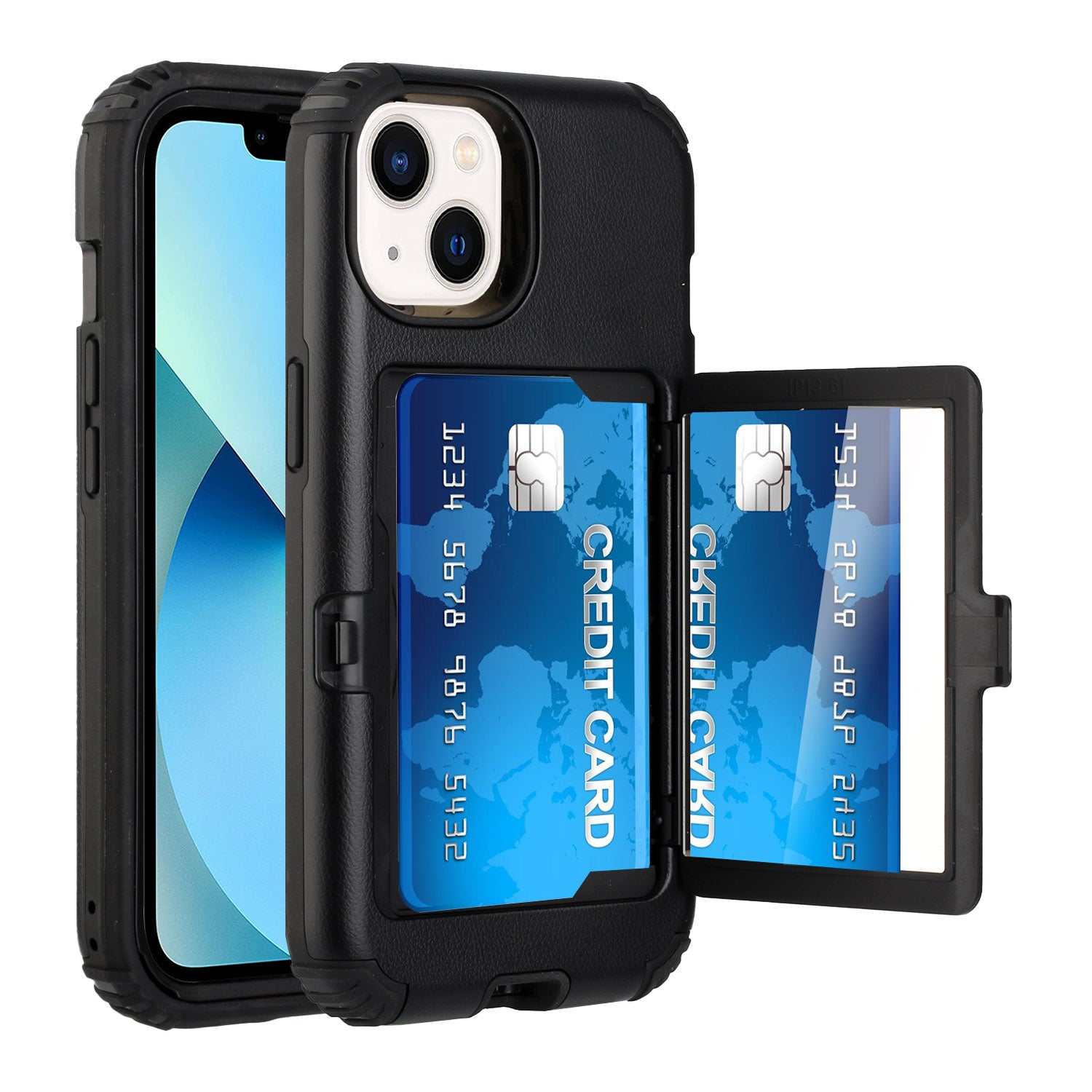 iPhone 14 PRO MAX Card Holder (Upto 2) with Mirror Hybrid Shockproof Case Black
