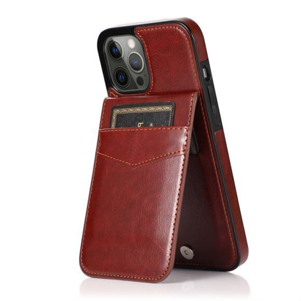 iPhone XR Luxury Vertical Magnetic Button Card ID Holder PU Leather Case Brown