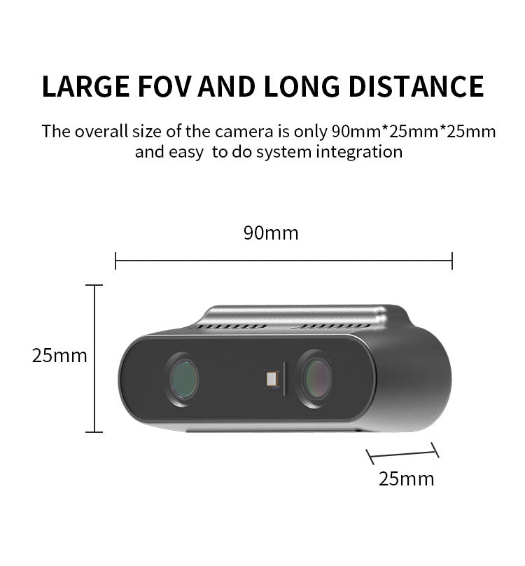 カメラの全体サイズはわずか90mm×25mm×25mmで、システム統合が簡単です。