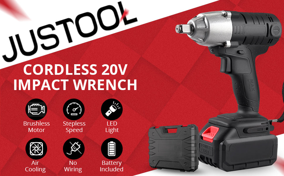 JUSTOOL 20V Cordless Impact Wrench 1/2 inch Max 300 Torque ft-lbs
