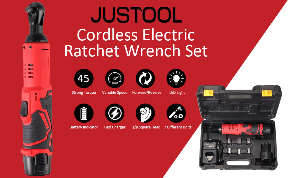 JUSTOOL 3/8" 33 Ft-lbs 12V Power Wrench Tool Kit Variable Speed Trigger