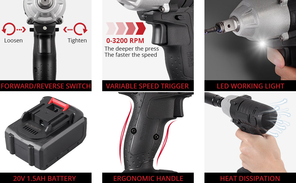JUSTOOL 20V Cordless Impact Wrench 1/2 inch Max 300 Torque ft-lbs