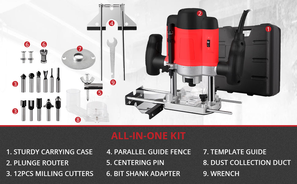 Katsu Single-Handed Electric Hand Wood Router Edge Cutter Router Joiners  Tool 220 V 710 W + 1/4 Inch Chuck + Diving Base + Milling Cutter + Template  Router Guides Kit : : DIY & Tools