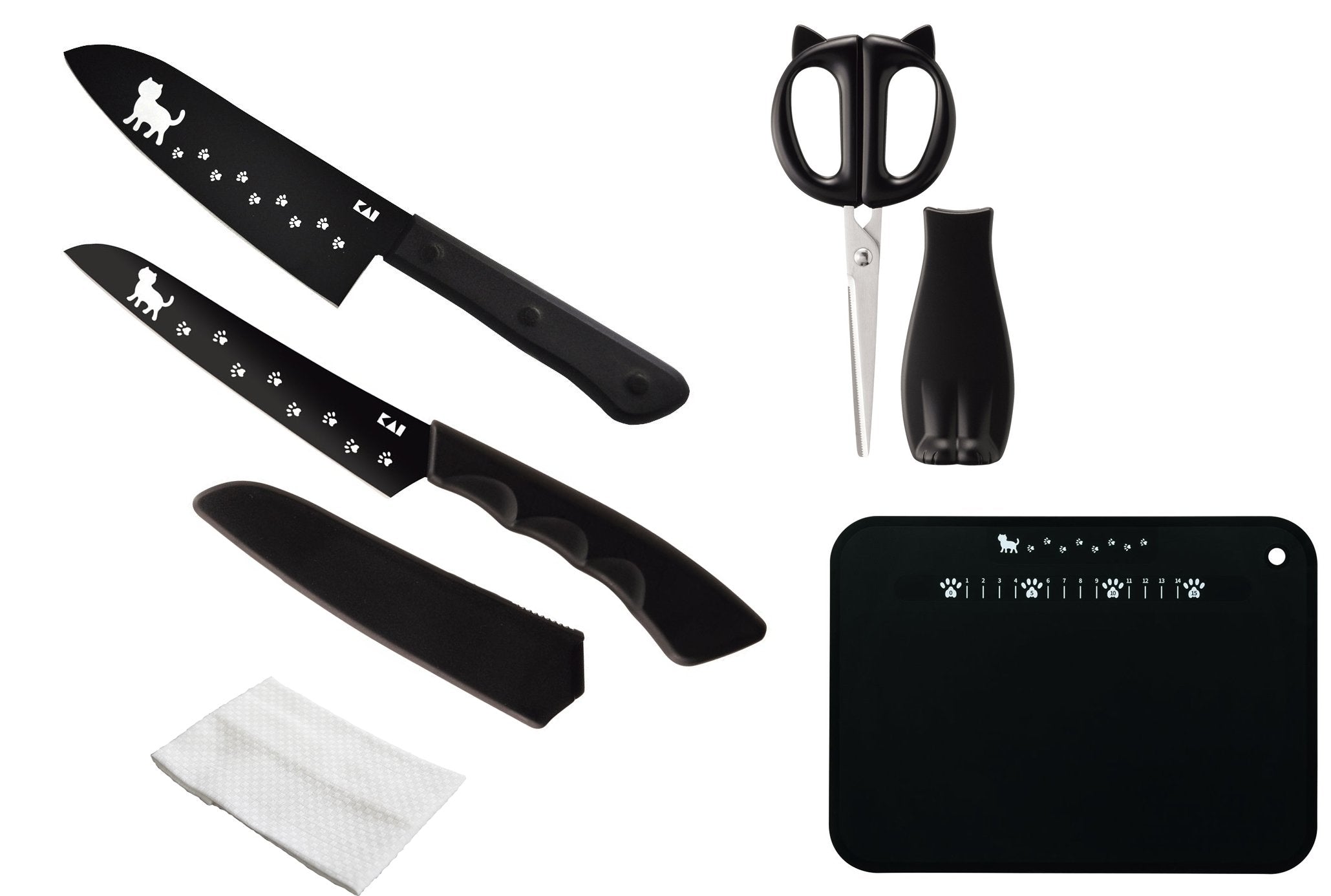 Kai Nyammy Cat Knife Set: Santoku Fruit Scissors Board Towel