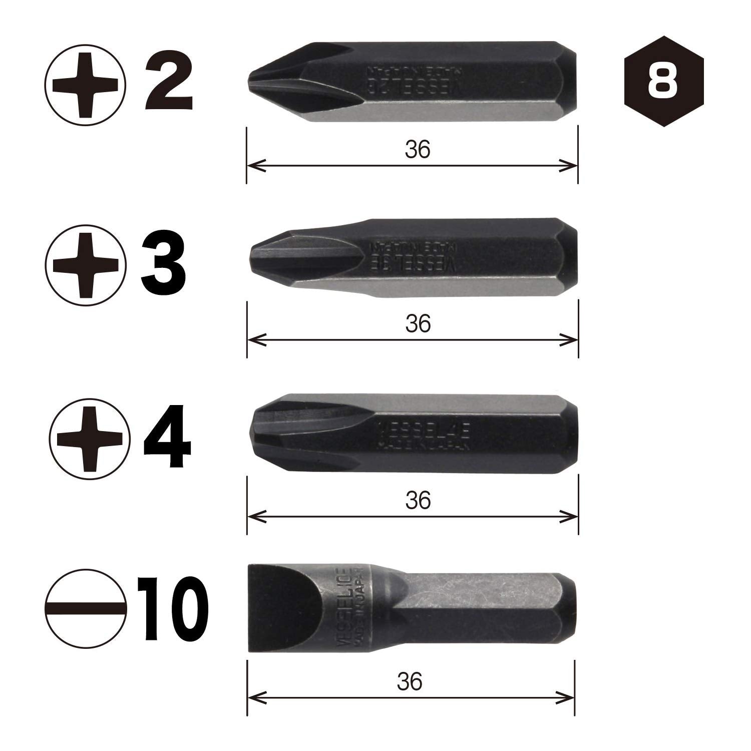 Vessel BS2500 Impact Driver Bit Set 4pcs