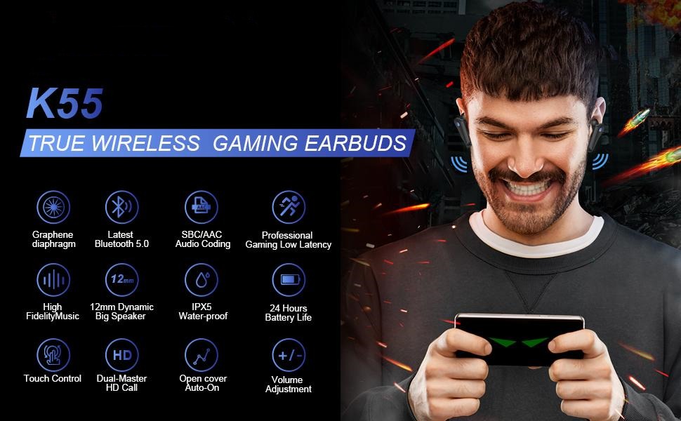 Best Gaming Wireless Earbuds/Earphones, 65ms Low-Latency Gaming Earbuds, Bluetooth 5.0 Auto Pairing Headsets