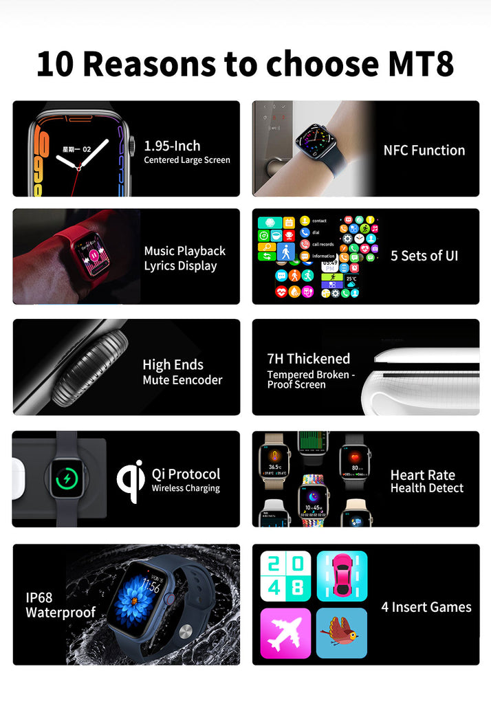 Smart Watch MT8, Pedometer, Fitness Tracker, Heart Rate Monitors, Blood Oxygen Monitor, Best sleep tracker smart watch, IP67 Waterproof